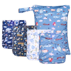 Playdate Cloth Diaper Bundle - Includes: 4 Pocket Diapers, 4 Hemp Inserts, 4 Bamboo Inserts, Wetbag