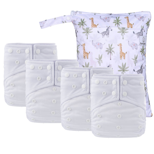 White Cloth Diaper Bundle - Includes: 4 Pocket Diapers, 4 Hemp Inserts, 4 Bamboo Inserts, Wetbag