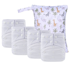 White Cloth Diaper Bundle - Includes: 4 Pocket Diapers, 4 Hemp Inserts, 4 Bamboo Inserts, Wetbag