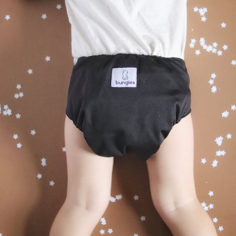Black Solid Cloth Diaper with 1 Hemp Insert and 1 Bamboo Cotton Insert with Snaps - Bungies Diapers