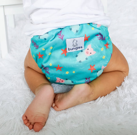 Exumas Cloth Diaper with 1 Hemp Insert and 1 Bamboo Cotton Insert with Snaps - Double Gussetts - Bungies Diapers